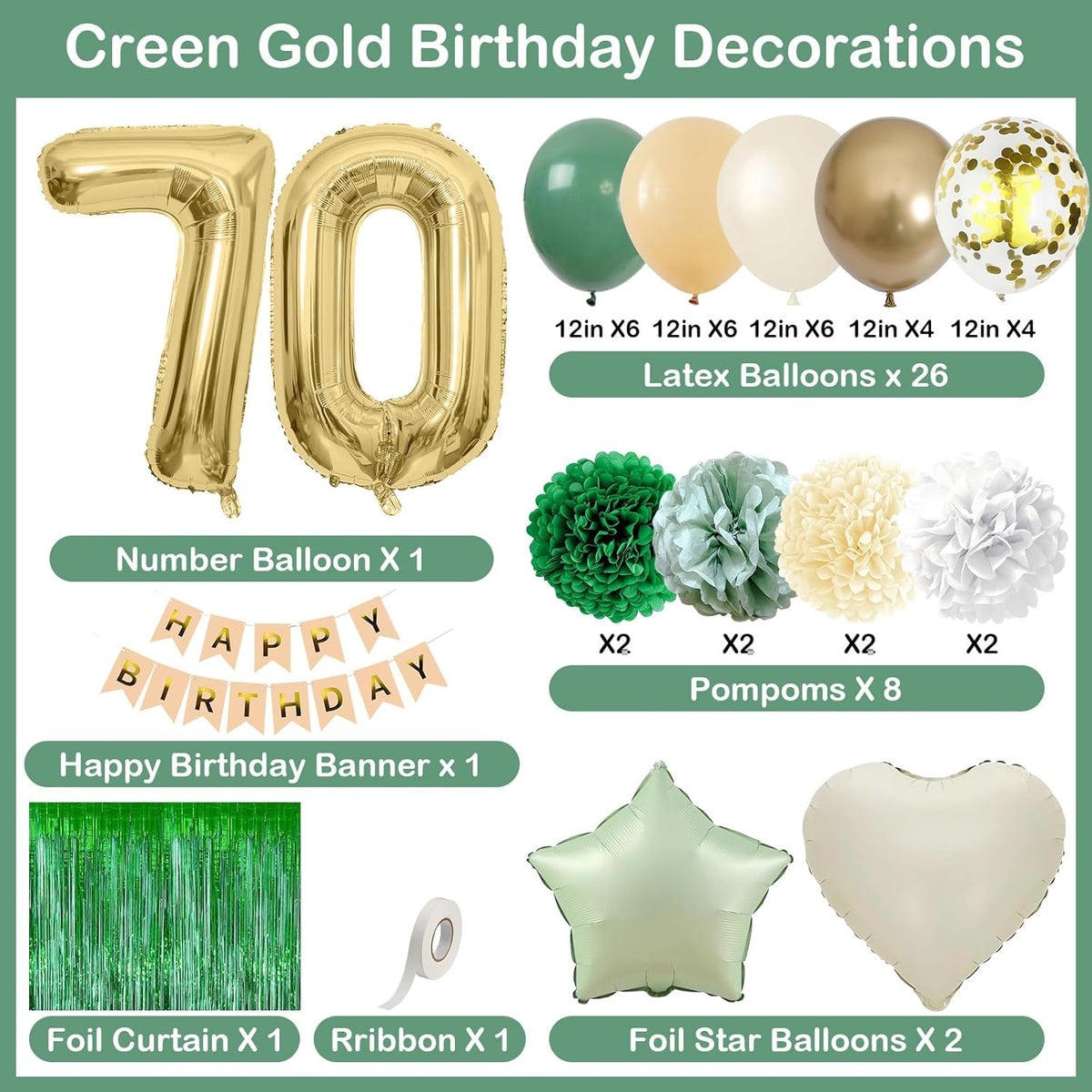 Sage Green 70th Birthday Decorations for Men Gold Number 70 Balloon Nude Gold Happy Birthday Banner Fringe Curtain Paper Pom Poms Olive Green Cream White Sand Star Foil Balloons Party Decor