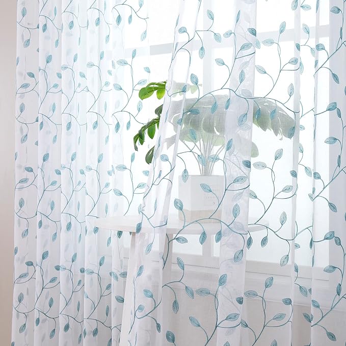 Tollpiz Leaves Sheer Tier Curtain Teal Blue Leaf Embroidery Kitchen Half - Image 2