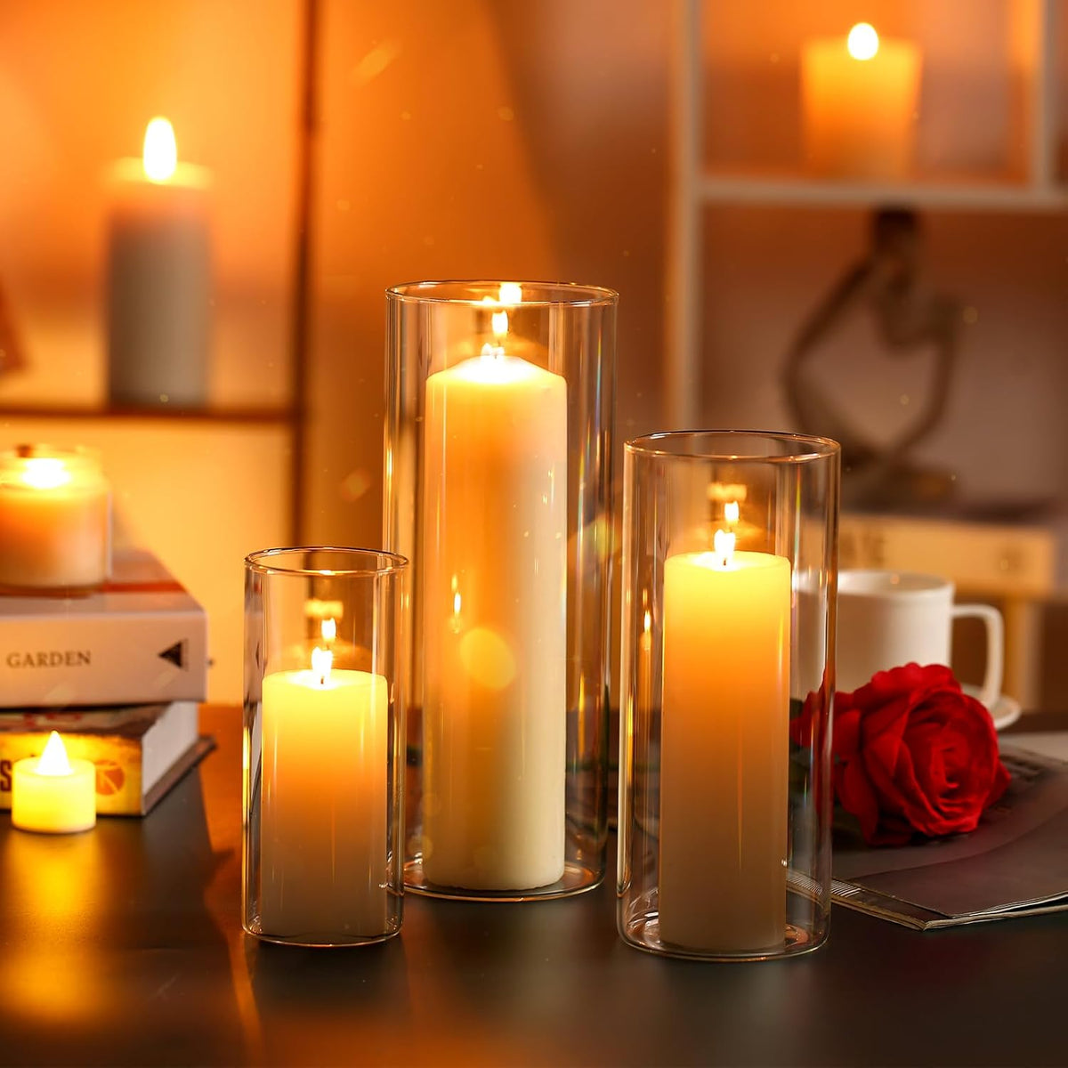 PHOSPHOR Hurricane Candle HoldersFor Pillar Candle Clear Glass Cylinder Centerpieces Vases Table Decoration Centerpiece Floral Room Decor Clear Seeded Bubbles Living Dining Kitchen 6 Pieces