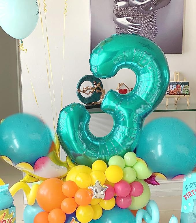 Number Balloons 3 Balloon Teal Blue - Image 2