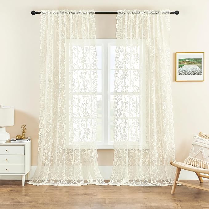 FOLKSIDE Ivory Lace Curtains 84 Inches Long 2 Panels Vintage Paisley Curtains - Image 2