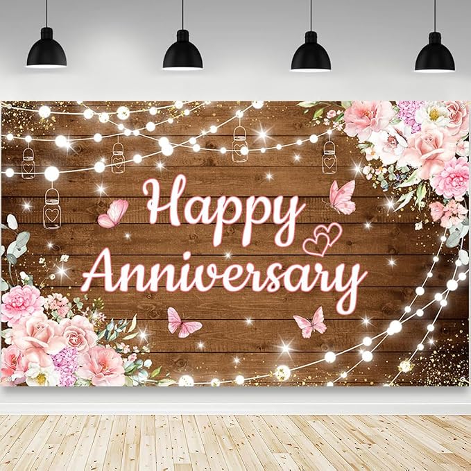 AIBIIN Happy Anniversary Backdrop Photography Background Pink Floral Wedding by AIBIIN