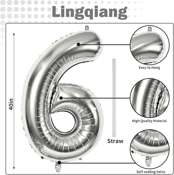 40" Silver Number 6 Balloon for Girls Boys, Large Self Inflating Helium Foil - Image 2