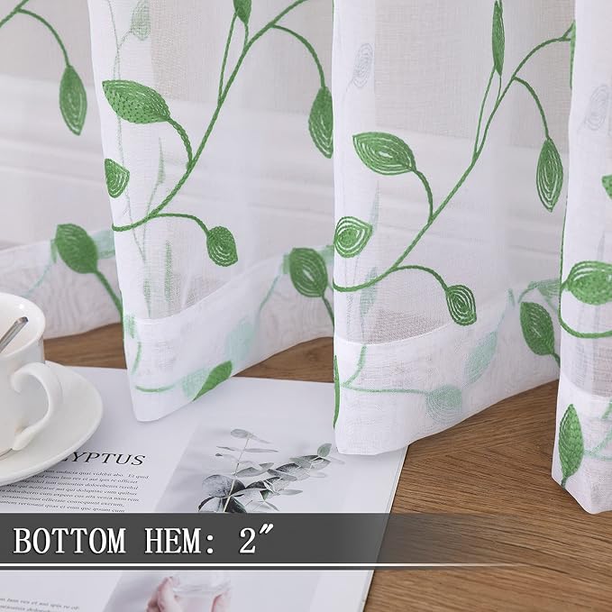Tollpiz Leaves Sheer Curtains Green Leaf Embroidery Living Room Curtain Rod - Image 4