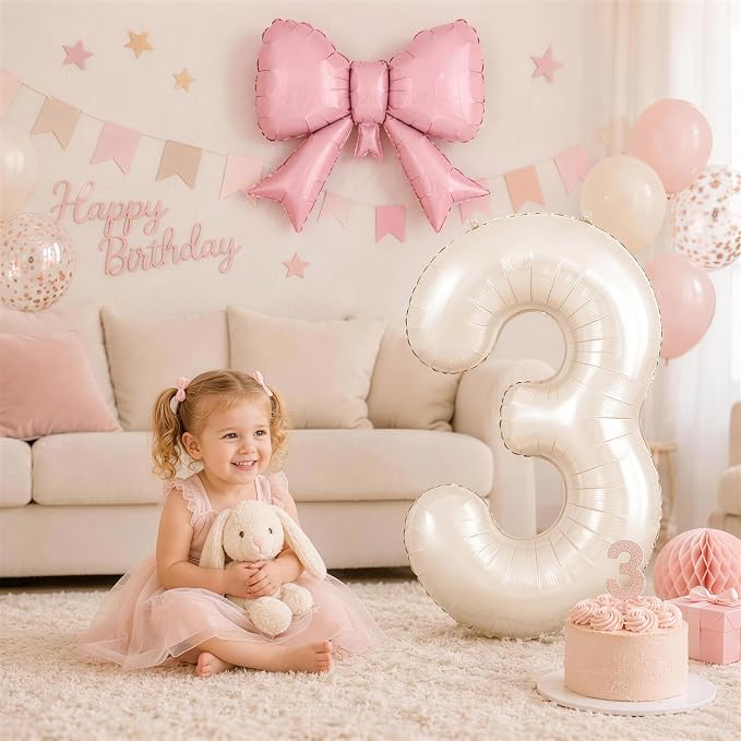 Beige Number 9 Balloons with Pink Bow, 40 Inch Giant Self Inflating Cream Foil - Image 4