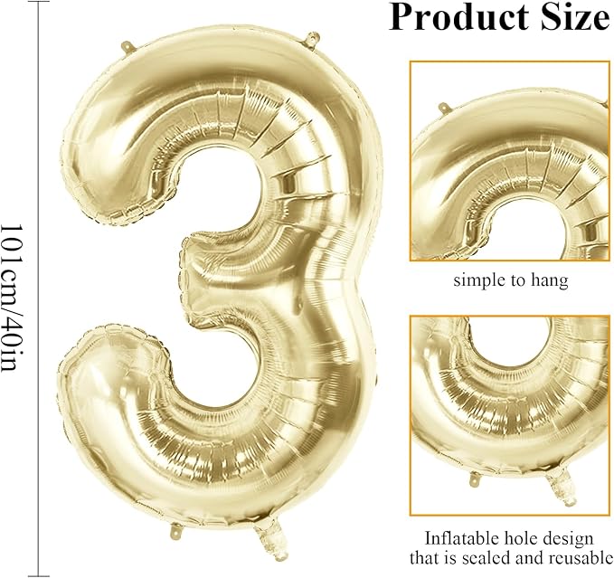 Number 3 Balloons for 3th Birthday Party Decorations, 40 Inch 0-100 Anniversary - Image 2