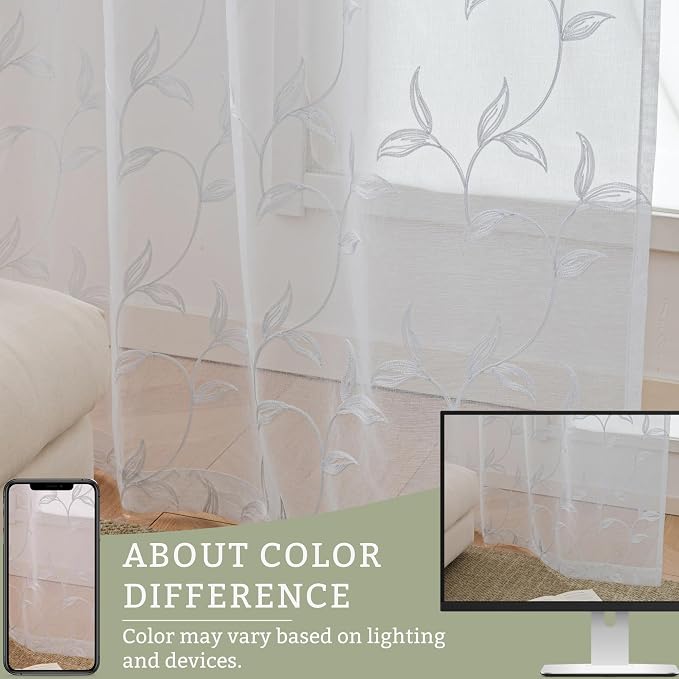 White Sheer Curtains Boho Leaf Floral Embroidered 54Wx84L | Light Filtering - Image 8