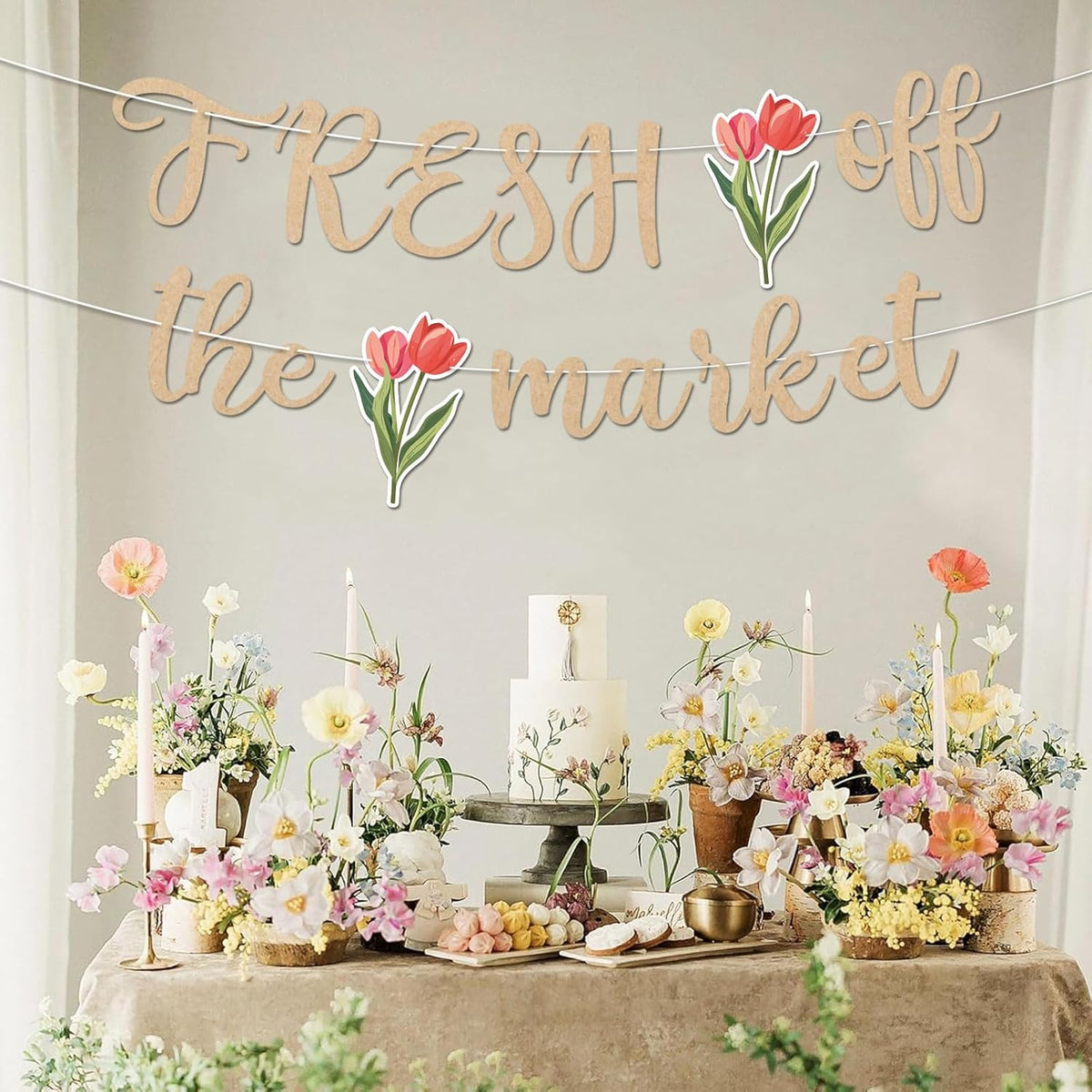Fresh Off The Market Bridal Shower Banner, Vintage Farmers Market Floral Theme Wedding Banner for Bachelorette Wedding Engagement Party Decorations Supplies, No DIY.