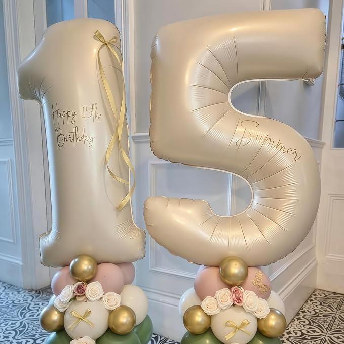 Cream Number 9 Balloons, 40 Inch 9 Balloons Giant Helium Foil Mylar Beige 9 - Image 3
