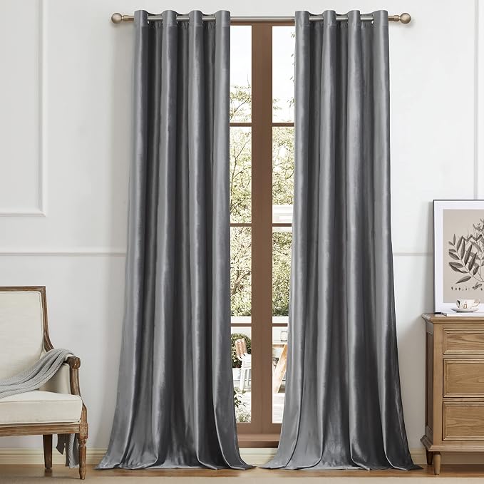 BULBUL Velvet Grey Blackout Curtains 96 inch Long by ModernShinyVelvetCurtains