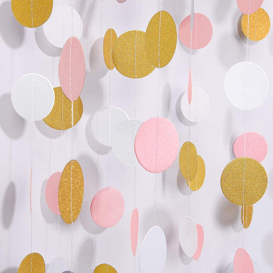 MerryNine Paper Garland 5 Pack, 65 Ft Glitter Paper Garland Circle Dots Hanging Decor, Banner for Baby Shower, Birthday, Nursery Party Decor (Pink White Gold)