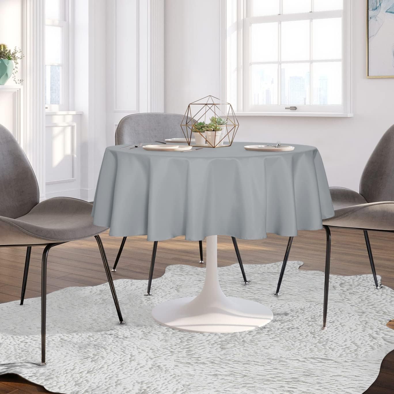 sancua Round Tablecloth - 60 Inch - Water Resistant Spill Proof Washable Polyester Table Cloth Decorative Fabric Table Cover for Dining Tables, Buffet Parties and Camping, Silver Grey