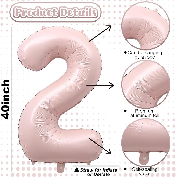Pink 40 Inch Balloon Number 2, Large Dusty Retro Pastel Pink Foil Number 2 - Image 2