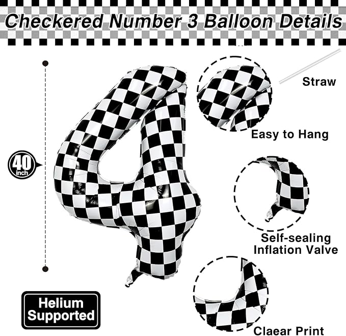 40 Inch Checkered Number 4 Balloon, Large Foil Black and White Number Balloons - Image 4