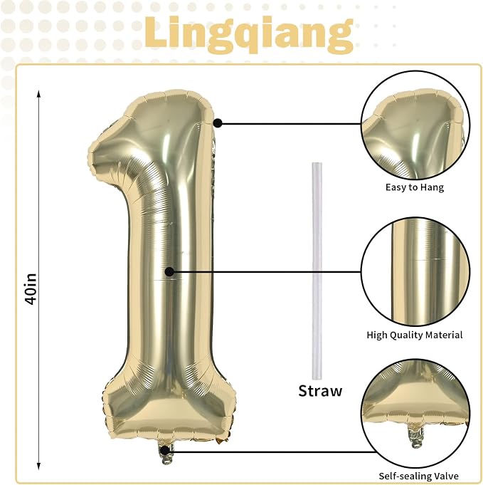 Champagne Gold Number 1 Balloons, 40 In Large Light Gold Number 1 Foil Helium - Image 2