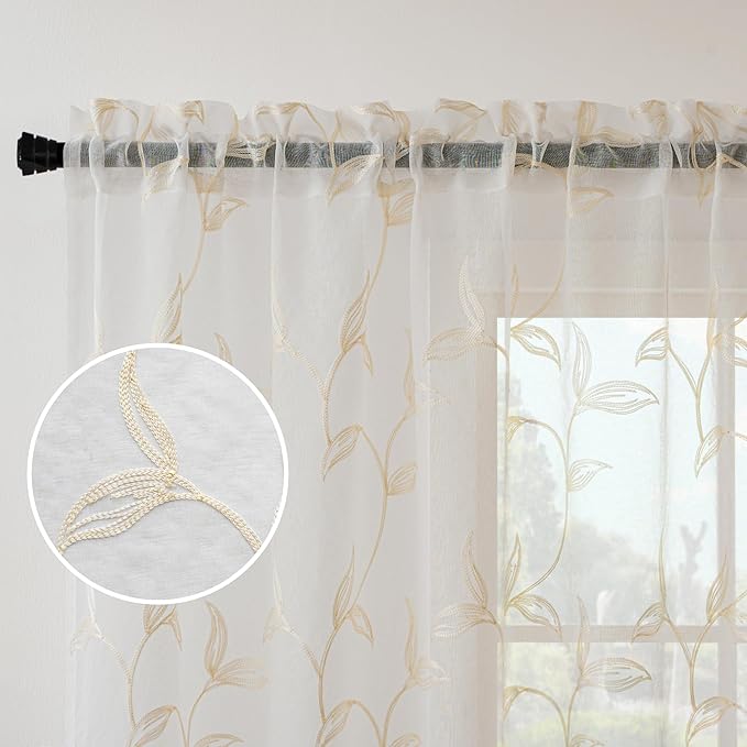 Sheer Curtains Boho Leaf Floral Embroidered Cream Beige 54Wx72L | Light - Image 3