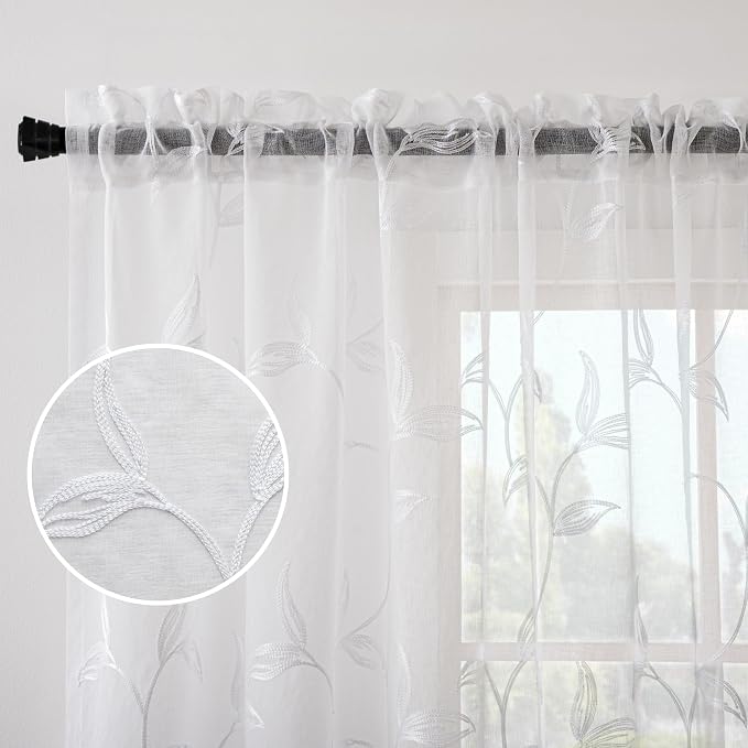 Sheer Kitchen Cafe Curtains Embroidered Leaf Pattern White 54x16 | Light - Image 2