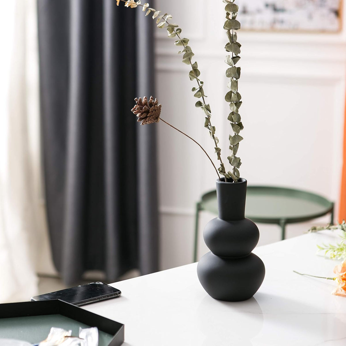 Black Ceramic Vase, Modern Vases for Pampas Grass, Matte Clay Vases for Wedding Boho Decor for Table, Living Room, Shelf, Bookshelf and Entryway Décor