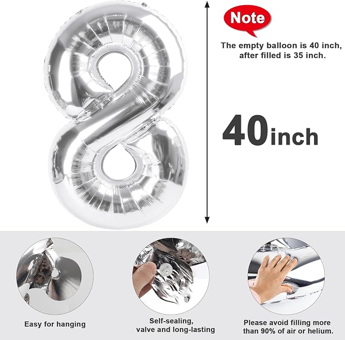 8 Balloon Numbers Party Decorations, 40In Silver Balloons - Image 5