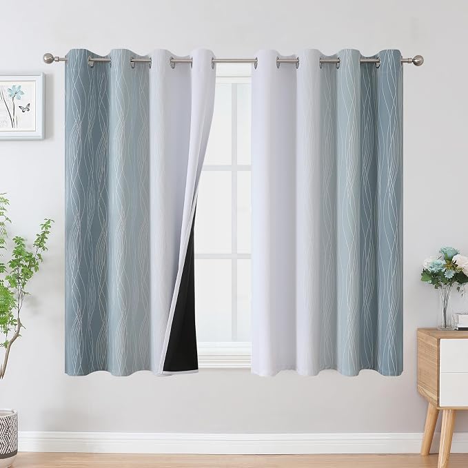 Stone Blue and Greyish White Blackout Curtains 54 Inch Length, Light Blocking by ESTELARTEXTILER