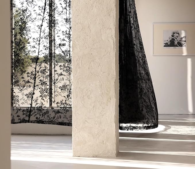 Black Floral Lace Curtains for Bedroom Living Room, French Light Filtering - Image 5