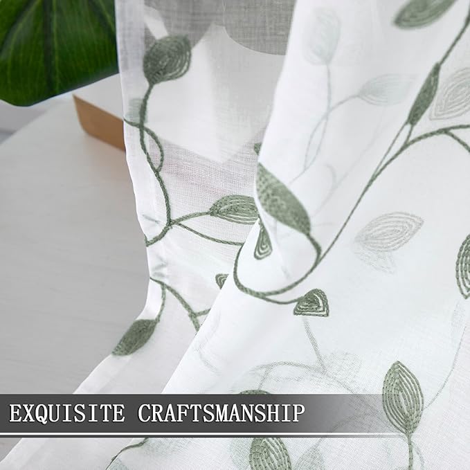 Tollpiz Leaves Sheer Tier Curtain Sage Green Leaf Embroidery Kitchen Half - Image 6