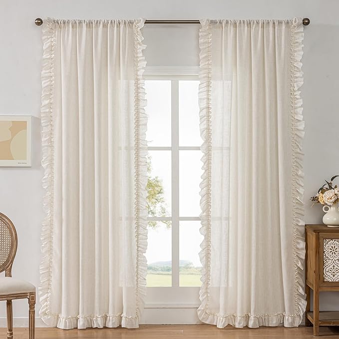 TERLYTEX Linen Curtains for Bedroom Ruffled Edges 47 x 63 Inch, 2 Panels | Rod - Image 6