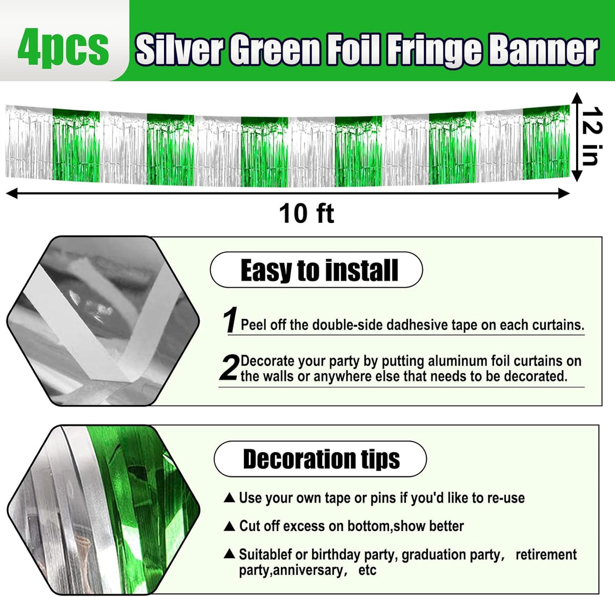 4 Pack 10 Feet Silver Green Foil Fringe Garland Metallic Tinsel Streamers Banner Wall Hanging Curtain Backdrop for Parade Floats, Wedding, Graduate, Mother's Day, Birthday Party Decoration