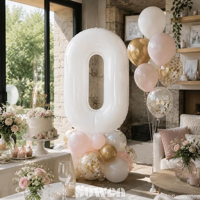 SUWEN 40 Inch White Large 0 Balloon Number Big Foil Helium Numbers 0-9 | Giant - Image 2