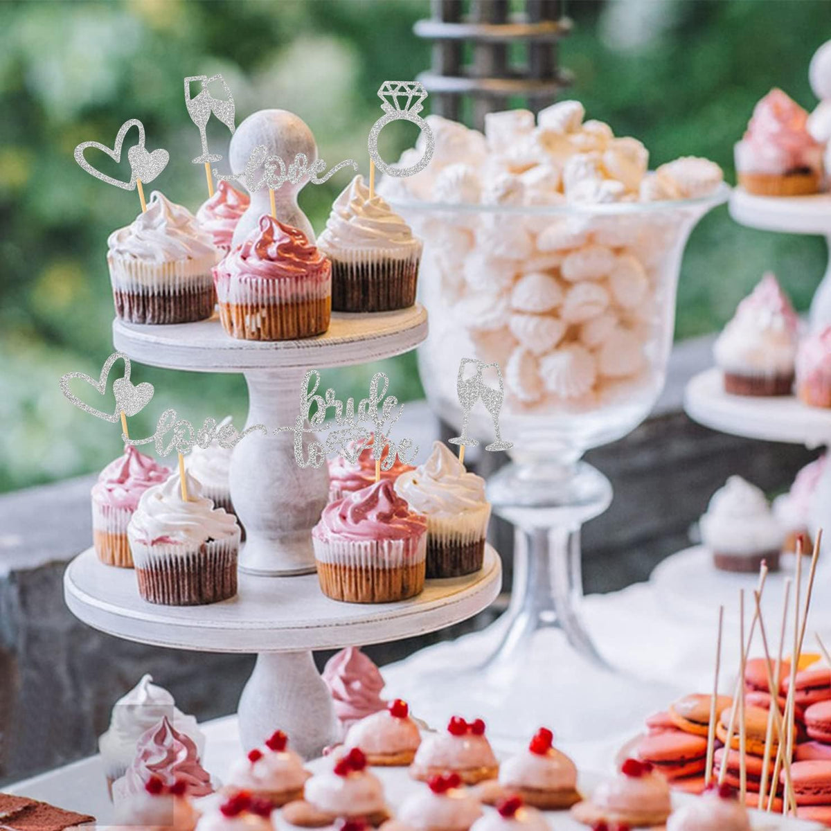 35 Pcs Glitter Diamond Ring Bride to be Love Cupcake Topper Champagne Cake Picks Decorations for Bridal Shower Wedding Engagement Party Supplies, Silver