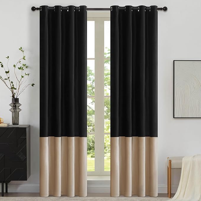 Black Beige Velvet Blackout Curtains Luxury Decor 96 inches, Color Block | by ModernShinyVelvetCurtains