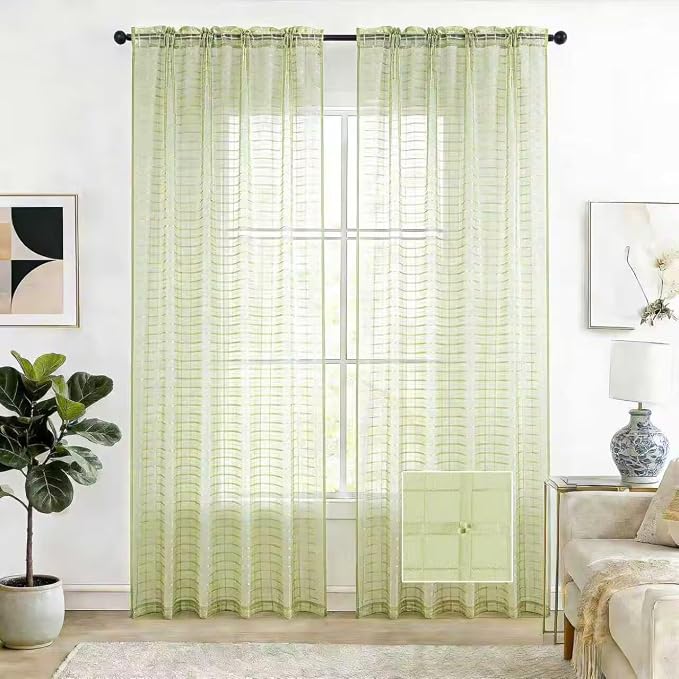 SpaceDresser Check Sheer Curtains 45 Inches 2 Panels Set, Rod Pocket Plaid by SpaceDresser