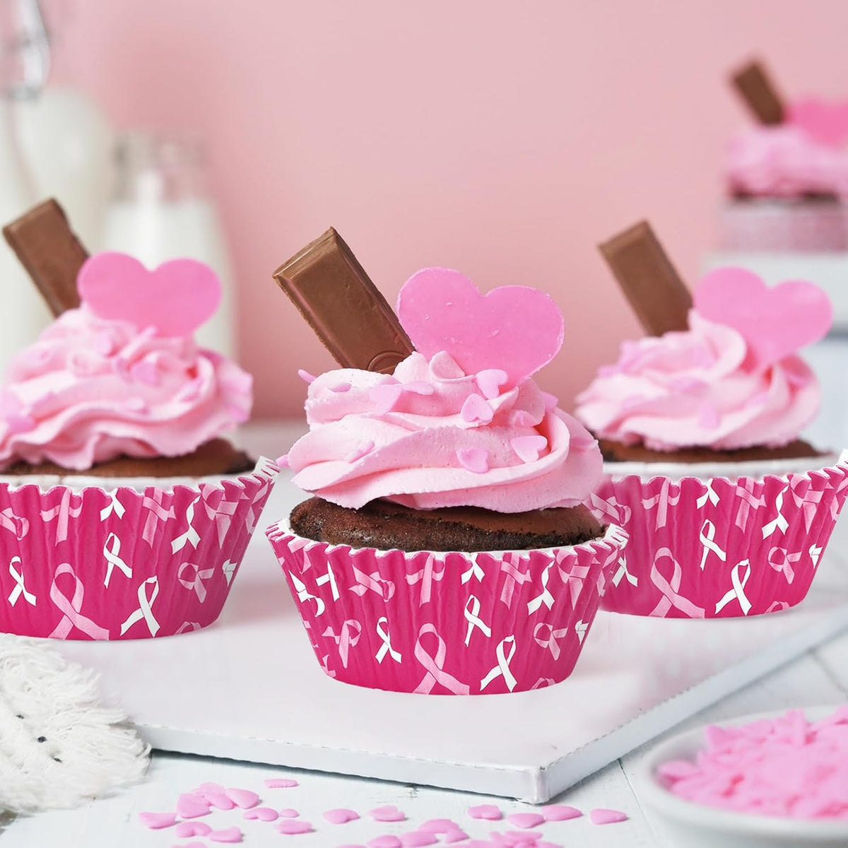 Whaline 300 Pcs Breast Cancer Awareness Cupcake Liners Pink Ribbon Cupcake Wrappers Muffin Liners for Women Breast Cancer Awareness Supplies, 2 x 1.2 Inch
