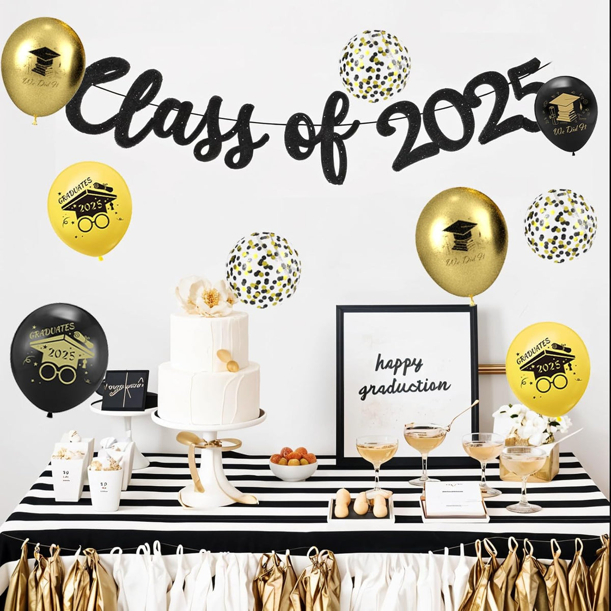 2025 Graduation Balloons, 12 Inch Black and Gold Congratulations Congrats Confetti Balloons for Graduation Party Black and Gold Birthday Decorations