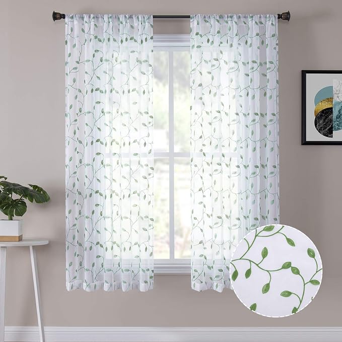 Tollpiz Leaves Sheer Curtain Green Leaf Embroidery Living Room Curtains Rod by Tollpiz
