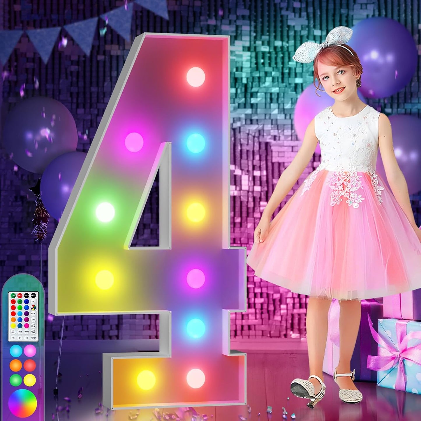 imprsv 4FT Colorful Marquee Numbers,18 Colors Number 4 with Remote, Light Up Numbers Sign for 4th 40th Birthday Decorations Anniversary Party Decor, Pre-Cut Foam Board Kit, Mosaic Numbers for Balloon