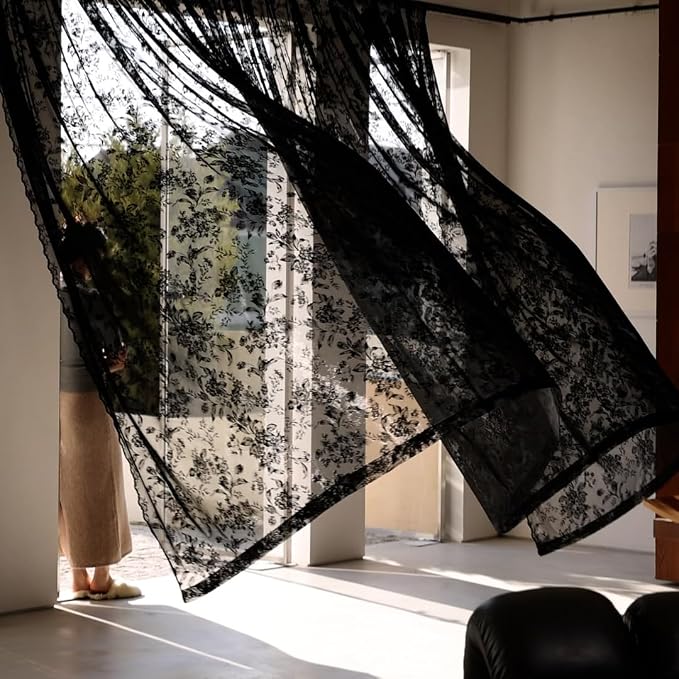 Black Floral Lace Curtains for Bedroom Living Room, French Light Filtering by Treatmentex