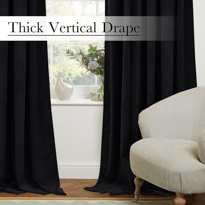 Black Blackout Velvet Curtains 96 inches Long Back Tab Thermal Insulated - Image 8