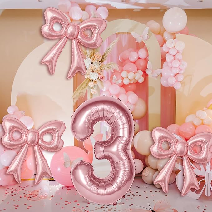 Bow Number 3 Birthday Balloons, Coquette Party Decorations Supplies - Image 2