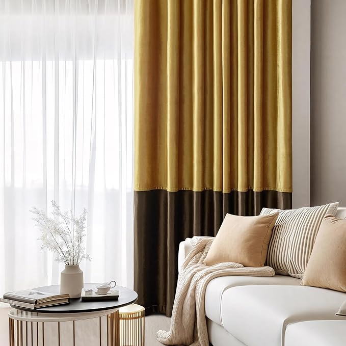 Gold Brown Velvet Blackout Curtains Luxury Decor 96 inches, Color Block | - Image 7