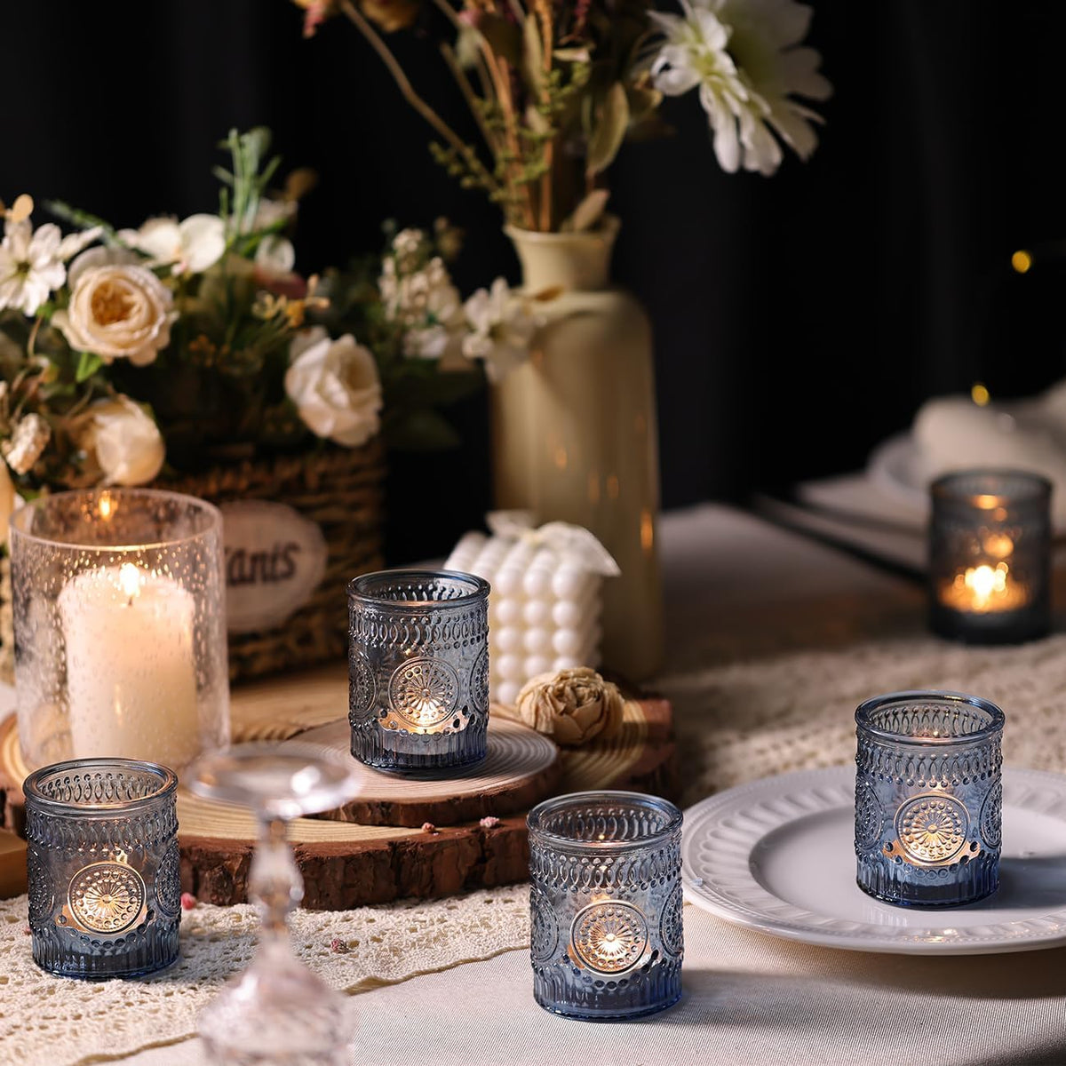 DARJEN Blue Votive Candle Holders Set of 36- Glass Candle Holders Bulk for Tea Light Candle, Embossed Candle Votives for Wedding Centerpiece, Living Room & Home Table Decor