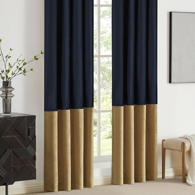 Navy Gold Velvet Blackout Curtains Luxury Decor 84 inches, Color Block | Living - Image 4
