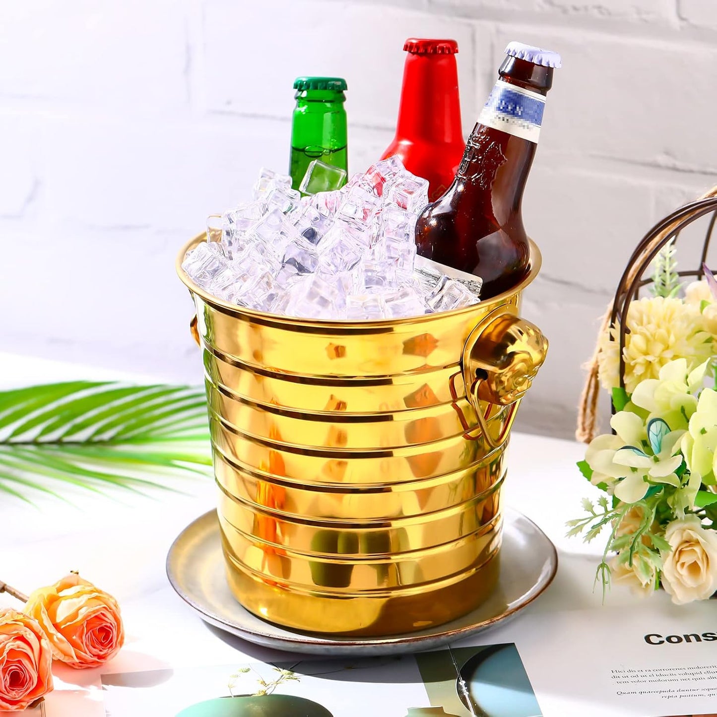 Pinkunn 6 Pack Stainless Steel Champagne Bucket 3 Qt Metal Ice Bucket Double Wall Wine Bucket with Handles Party Beverage Chiller for Champagne Beer Cocktail Wine Drinks Home Bar Accessories(Gold)