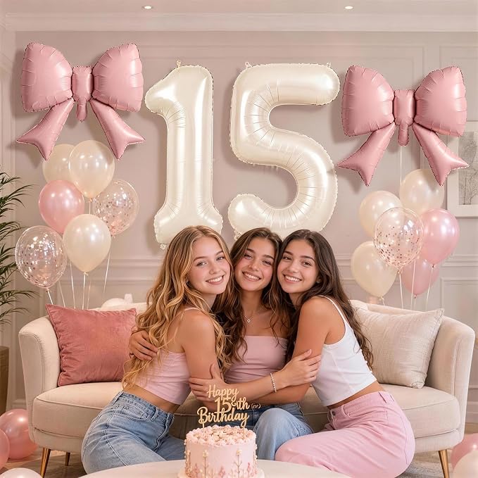 Beige Number 9 Balloons with Pink Bow, 40 Inch Giant Self Inflating Cream Foil - Image 7