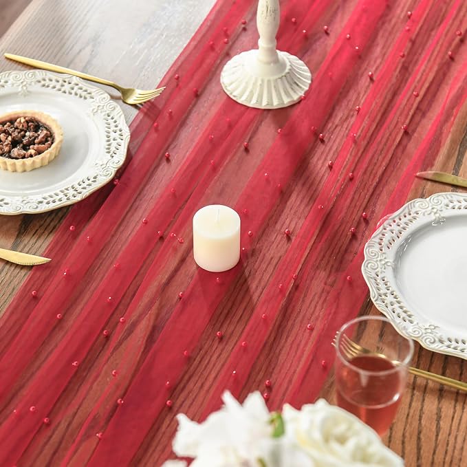 Artoid Mode Pearl Red Gauze Table Runner 120 Inch 10FT, Seasonal Sheer Dining - Image 3