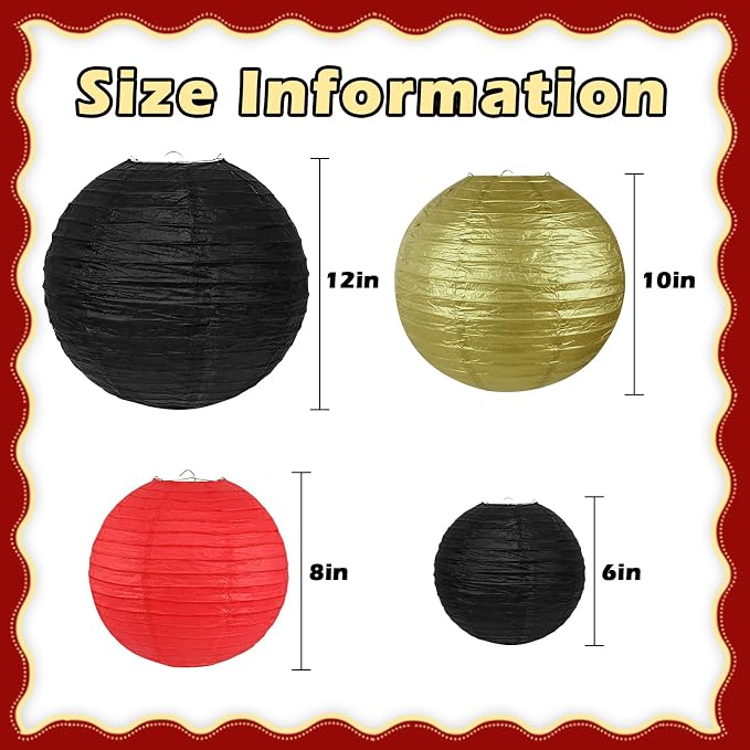 12 Pack Red Black and Gold Paper Lanterns - Image 2