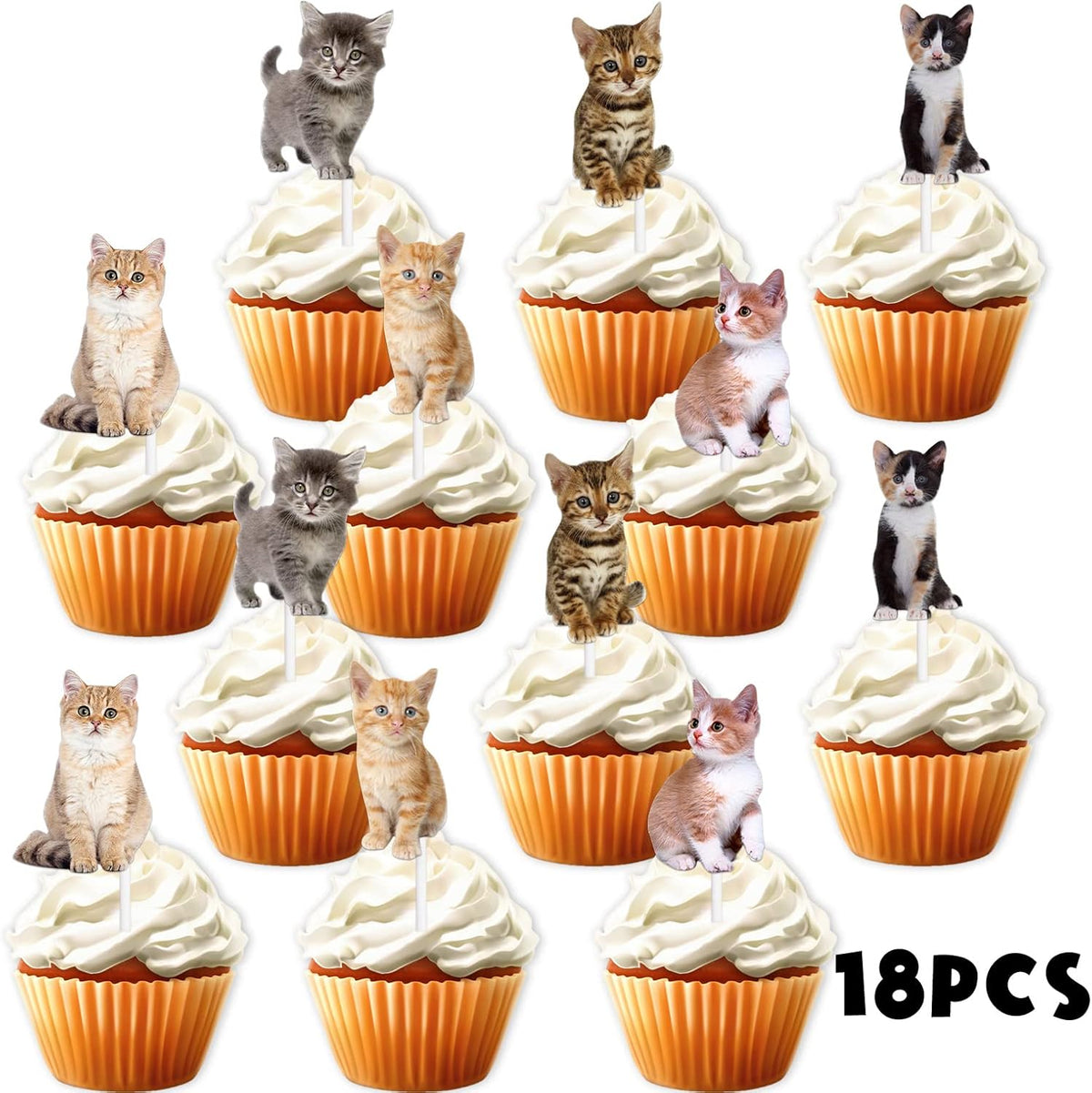 18pcs Glitter Cat Dessert Cupcake Topper Pick for Cute Lovely Cat Theme Decorations Baby Shower Boys Girls Happy Birthday Party Decor Supplies