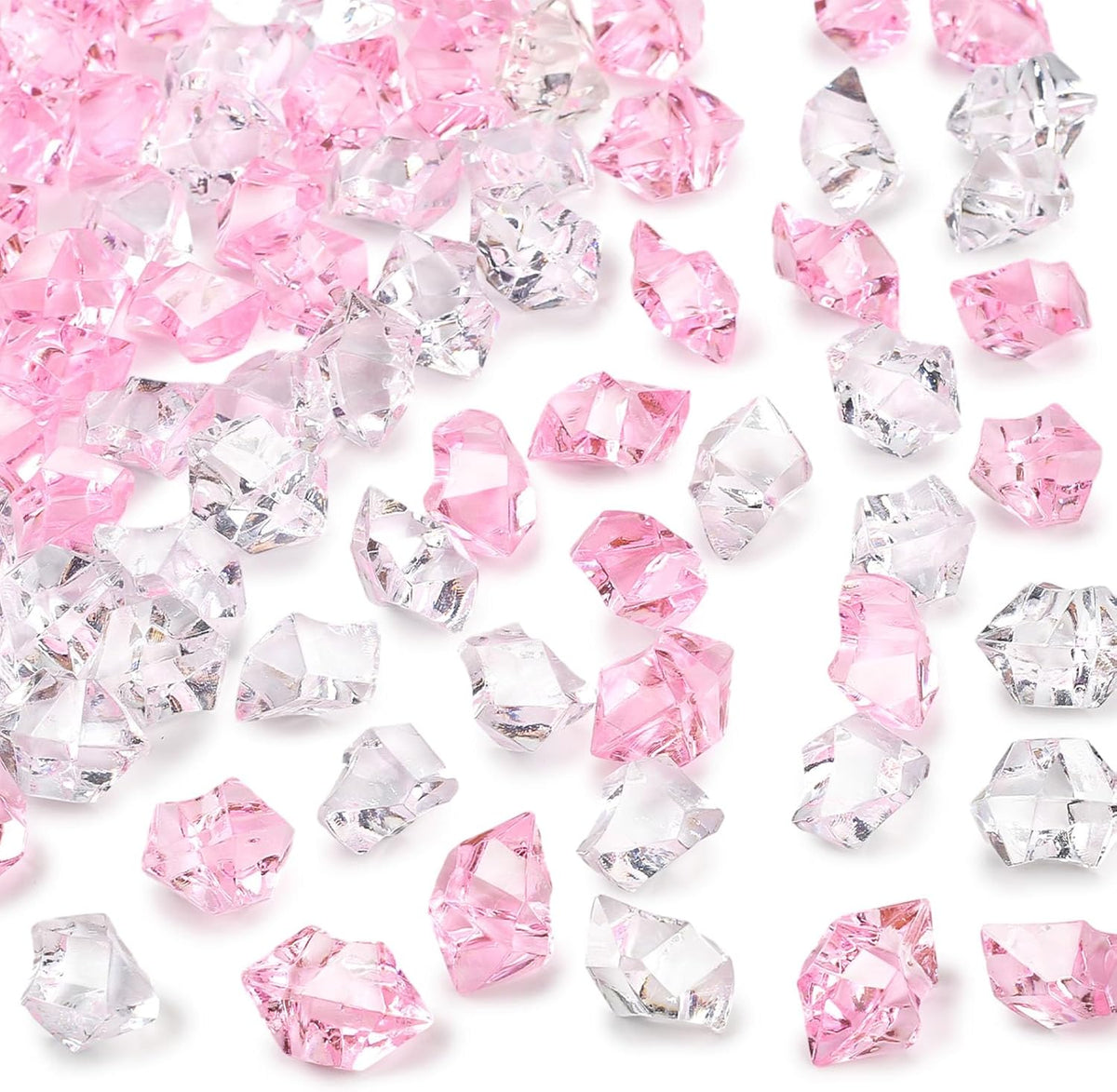 DomeStar Fake Ice, 150PCS Acrylic Fake Diamonds Vase Fillers Pink and Transparent Rocks Plastic Gems for Party Table Scatter Decor