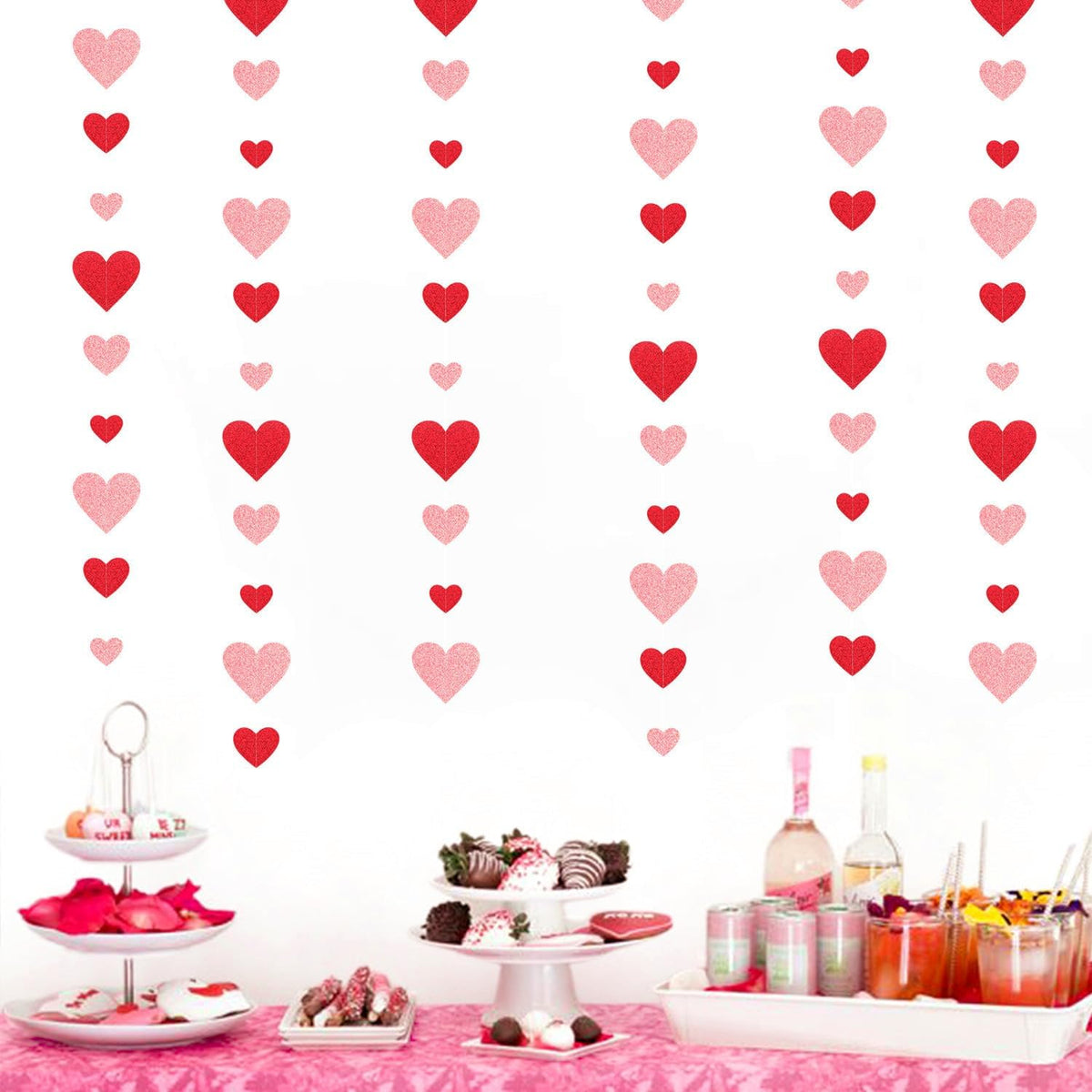 Red Pink Party-Decoration Heart Garland - 40ft Galentines Hanging Paper Streamers, Proposal Anniversary Romantic Birthday Baby Shower Rustic Wedding Hanging Ornaments Decor Hugfond