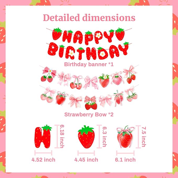MEETINGU Strawberry Happy Birthday Banner and Bow Theme Strawberry Banner - Image 2